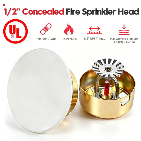 Pro Grade 1/2 Inch NPT Concealed Fire Sprinkler Head With Glass Bulb 155 Fahrenheit 68 Celsius showing bronze body and nozzle.