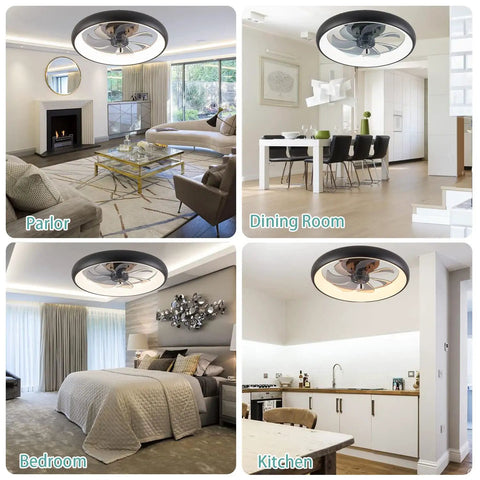 Copper Color Flush Mount Ceiling Fan With Lights in living room, dining room, bedroom, and kitchen settings, showcasing low profile design.