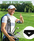 Golfer carrying bag with clubs on course, inset showing Golf Swing Arm Band Training Aid For Correct Posture And Stable Swing Pro Grade Foldable Elastic Band Arm Trainer