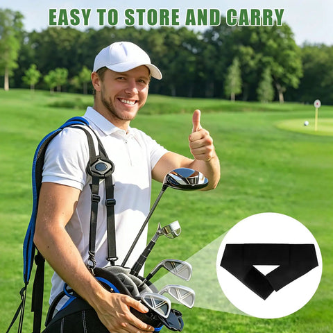 Golfer carrying bag with clubs on course, inset showing Golf Swing Arm Band Training Aid For Correct Posture And Stable Swing Pro Grade Foldable Elastic Band Arm Trainer