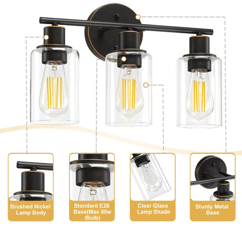 Three-Light Slick Oil Rubbed Bronze Bathroom Vanity Light With Clear Glass Shades Waterproof Modern Wall Sconce Over Mirror