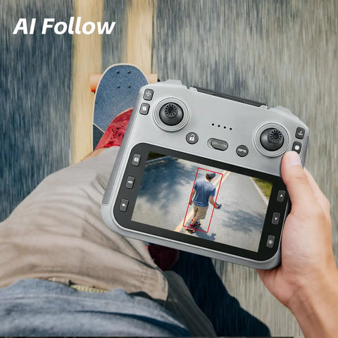 Hand holding 4.5 inch HD controller showing GPS drone with 4K EIS camera tracking skateboarder, part of GPS Drone With 4K EIS Camera And 4.5 Inch HD Controller Screen.