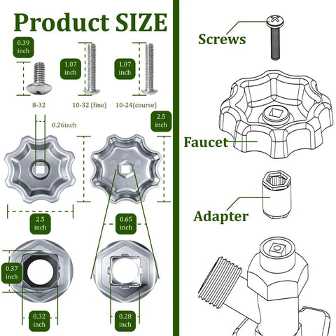 Diagram of rust-resistant round wheel faucet handle replacement for outdoor spigots with adapter and screws dimensions shown.