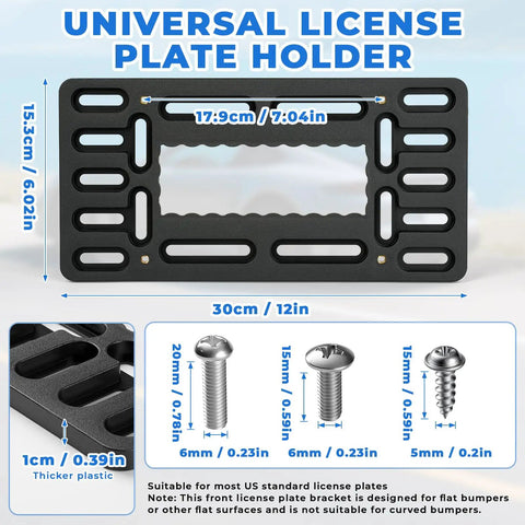 Heavy Duty Universal Front License Plate Bracket Mount No Sweat Setup For Standard Twelve By Six Inch US Plates dimensions and details