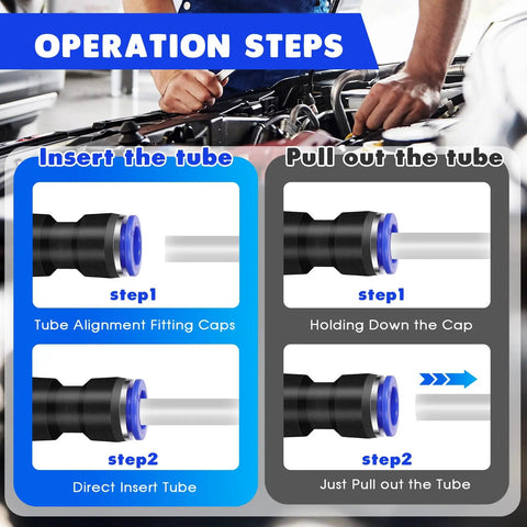 Operation steps for using the 100 Piece Quick Connect Air Hose Fittings Set In Five Sizes, showing insert and pull out instructions.