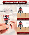 Top Shelf Nine Piece Countersink Drill Bit Set With Five Killer HSS Sizes And Adjustable Depth Stop Collar Plus Wrench for precise drilling.