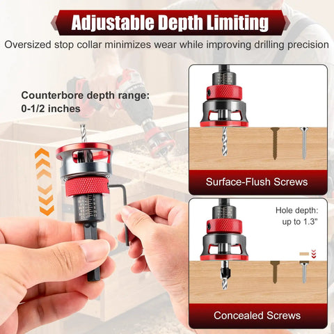 Top Shelf Nine Piece Countersink Drill Bit Set With Five Killer HSS Sizes And Adjustable Depth Stop Collar Plus Wrench for precise drilling.