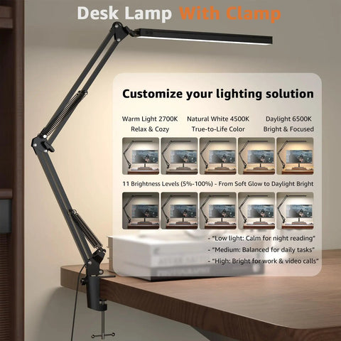 Clamp On Swing Arm LED Desk Lamp With 80 LED Beads 5 Color Modes And 11 Brightness Levels showcasing features on desk.