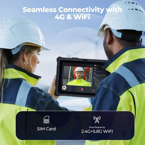 Badass 12.2 Inch Rugged Windows Tablet Featuring Hot Swap Dual Batteries And Easy Ssd Upgrades IP65 Waterproof Portable Pc showing video call feature in use at a job site.