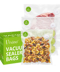 Reusable BPA Free Vacuum Sealer Bags For Food, 30 Count, containing nuts, meat, and citrus slices, box included