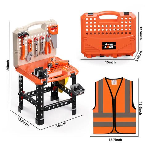 Two In One Kids Tool Workbench Set With Realistic Drill And 91 Piece Tool Accessories, Construction Vest, Tool Case