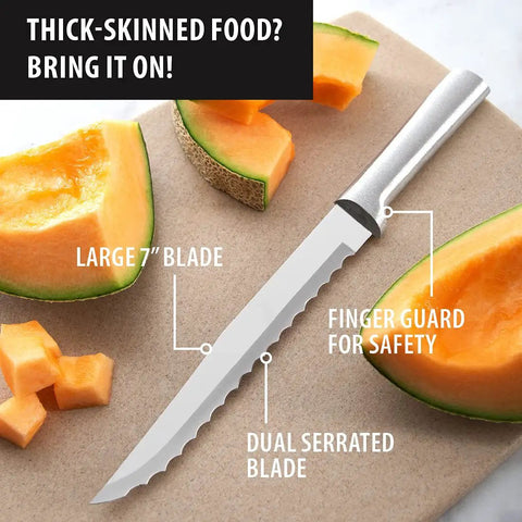 Smooth Serrated Slicer Knife With Knockout Double Sided Teeth That Crush Through Tough Produce Skins Like Hot Knife on cutting board.