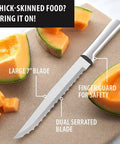 Heavy Duty Serrated Slicer Knife Pair Featuring Wide Double Sided Blades And Deep Teeth That Chews Through Crusty Bread And Tough Produce Without A Sweat Forged From T420 High Carbon Stainless Steel Holds A Razor Sharp Edge Handles Any Daily Kitchen, showing 7-inch serrated blade next to cantaloupe.