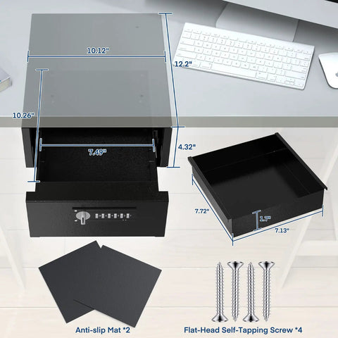 Heavy Duty Steel Under Desk Safe With Keypad Lock Featuring No Sweat Setup Hidden Slide Out Drawer dimensions and components.