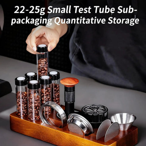 Keep Your Grounds Fresh As A Bell With This Six Tube Single Dose Coffee Bean Storage Jar Set Featuring One Way Exhaust Valves And A Smart Hopper For Flawless 22 To 25 Gram Portions To Brew On Point Daily.