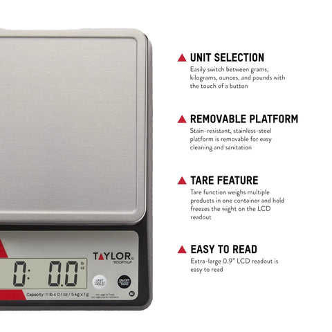 11 Pound Pro-Grade Commercial Digital Portion Control Scale With 0.1 Oz Increments, stainless steel platform, features label
