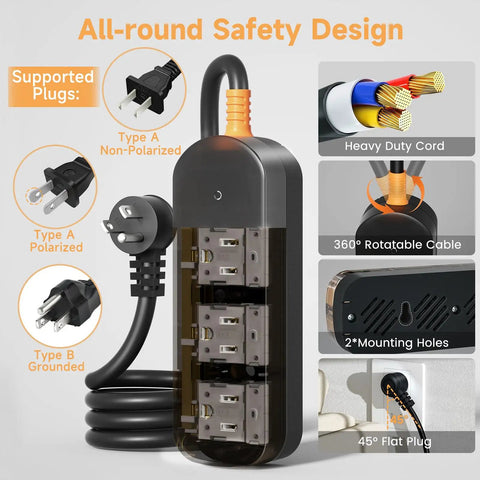 All Weather Outdoor Power Strip With 10 Foot Extension Cord, Waterproof Surge Protector With 3 AC Outlets, 1625W overload protection