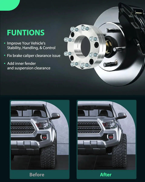 2 Inch Wheel Spacers Adapters For 6x5.5 To 8x180 Bolt Pattern, 108mm Hub Bore installed on brake disc with before-after SUV photos