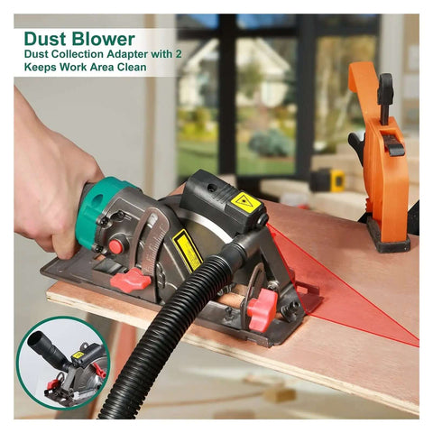 Ultra Compact Mini Circular Saw 750 Watt Laser Guided Power Tool 3500 RPM with attached dust blower for clean cuts.