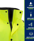 Hi Vis Yellow Waterproof Safety Parka With Reflective Stripes, ANSI Class 3 Type R Insulated Work Jacket collar and fabric detail