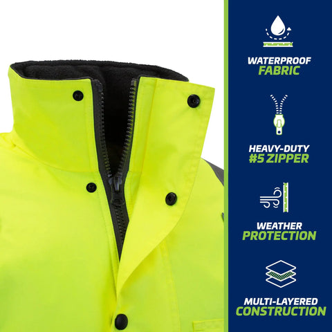 Hi Vis Yellow Waterproof Safety Parka With Reflective Stripes, ANSI Class 3 Type R Insulated Work Jacket collar and fabric detail