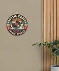 Round 8in aluminum wall sign with retro turntable graphic for music room decor (indoor/outdoor).