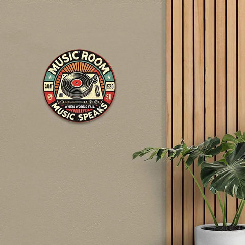 Round 8in aluminum wall sign with retro turntable graphic for music room decor (indoor/outdoor).