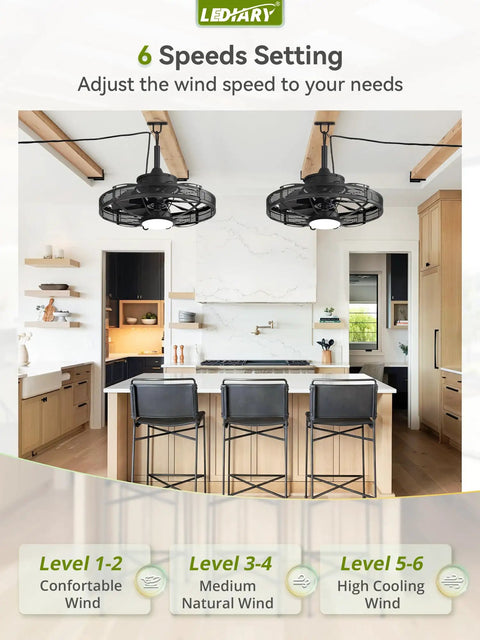 Kitchen setting with two 20 Inch Outdoor Ceiling Fan With Lights For Gazebos And Patios IP65 Waterproof Caged Ceiling Fan overhead.