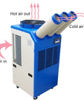 Rock Solid 220V Portable Air Conditioner With 22000 Btu Cooling Power, showing three ducts blowing cold air, blue and white design.