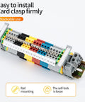 DIN Rail Terminal Block Kit Set With 20 UK2.5B 12 AWG Terminal Blocks 20A 600V Ground Blocks Jumpers End Covers End Brackets Marker Strips And Rail Mount Bundle For Quick Electrical Wiring shown installed on rail with color-coded blocks.