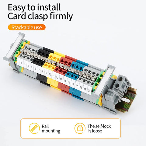 DIN Rail Terminal Block Kit Set With 20 UK2.5B 12 AWG Terminal Blocks 20A 600V Ground Blocks Jumpers End Covers End Brackets Marker Strips And Rail Mount Bundle For Quick Electrical Wiring shown installed on rail with color-coded blocks.