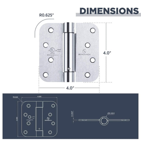 Front view of satin door hinge, self-closing, 4x4 in, 5/8 in radius corners, UL listed, 3-pack