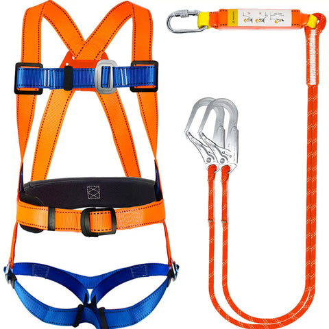 Full Body Safety Harness With Internal Shock Absorbing Lanyard For Tool Fall Protection OSHA ANSI ASTM F1774 Certified, orange gear.