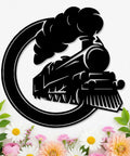 Steam Locomotive Metal Sign Wall Art Solid Iron Silhouette Badass Industrial Railroad Themed Decor For Living Room Bedroom Man Cave Cabin Farmhouse Entryway Office Or Garage Thick Iron Plate With Anti Rust Coating Easy Mount featuring raised train design with smoke and floral accents