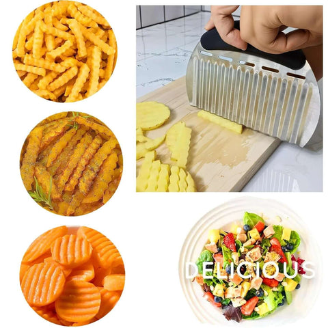 Large stainless steel crinkle cutter with black handle for crinkle-cut fries and vegetable slices