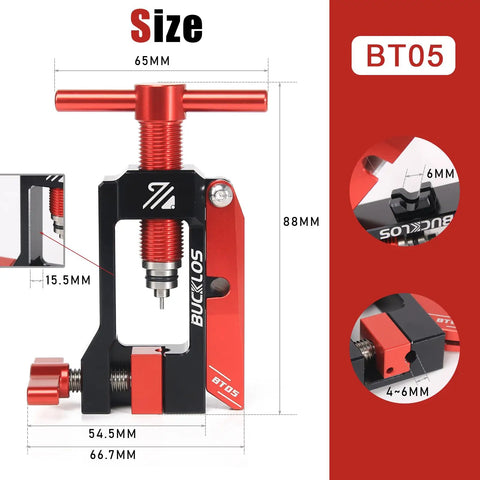 2 In 1 Bike Brake Hydraulic Needle Driver And Hose Fitting Insert Tool, detailed size diagram, red and black aluminum alloy.