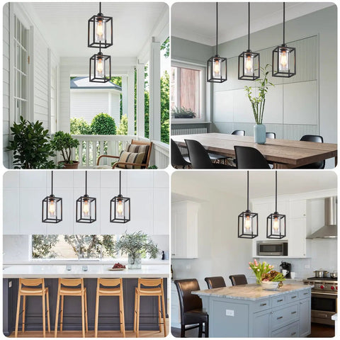 Three Pack Black Pendant Lights For Kitchen Island Industrial Lantern Style Hanging Lamps in various room settings