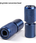 Premium Heavy Duty 10mm Thread Structure Locking Adapter For Power Drills Zero Hassle Chuck Converter Built Dang Tough With Slick Grip close-up view showing the blue metal grinder conversion head.