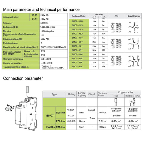 Heavy Duty 63A 2 Pole Modular AC Contactor With 230V AC DC Universal Coil and 2NO Normally Open Contacts performance specifications table.
