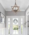 Entryway with 4-Light Weathered Wood Farmhouse Pendant Chandelier With Geometric Cage, Rustic Coastal Dining Room Lighting