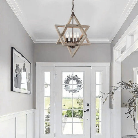 Entryway with 4-Light Weathered Wood Farmhouse Pendant Chandelier With Geometric Cage, Rustic Coastal Dining Room Lighting