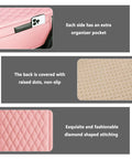 Upgraded Slick Microfiber Car Center Console Cover Universal Armrest Cushion With Nifty Double Side Storage Pockets Pink Ride Pad detailed views of pockets and stitching.