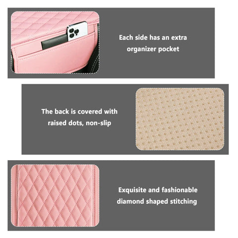 Upgraded Slick Microfiber Car Center Console Cover Universal Armrest Cushion With Nifty Double Side Storage Pockets Pink Ride Pad detailed views of pockets and stitching.