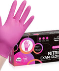 Top Tier Disposable Nitrile Gloves In Bright Fuchsia, Powder Free Latex Free, 3 Mil Flexible Grip For Kitchen Cleaning And Beauty Tasks, 100 Count shown on hand with box in background.