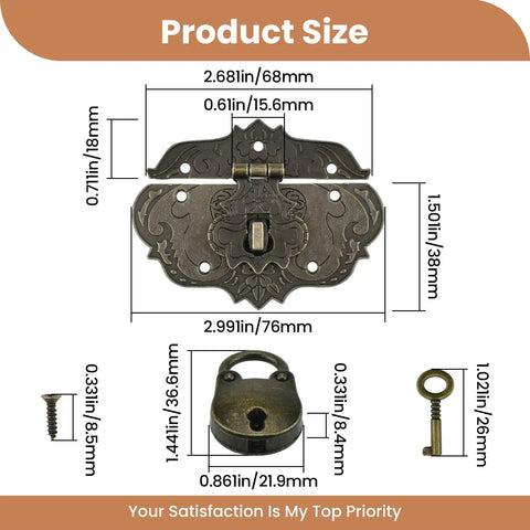 Old School Vintage Hasp And Padlock Set Bronze Zinc Alloy Decorative Latch Kit For Antique Jewelry Boxes Tool Chests And Rugged Suitcases Featuring Bear Shaped Tumbler size measurements diagram