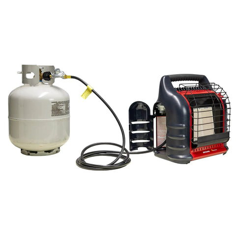 12Ft Big Buddy Propane Hose With Regulator For Indoor Outdoor Heaters, Brass Fittings, POL Connection To 20 Pound Tank attached to heater