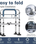 Heavy Duty Toilet Safety Rail With Reinforced Wheel Support Frame And Anti Slip Locking Feet Built Tough For Seniors To Sit And Stand Dead Steady At Home Supports Up To 350 Pounds Without A Single Wobble, foldable with blue handles.