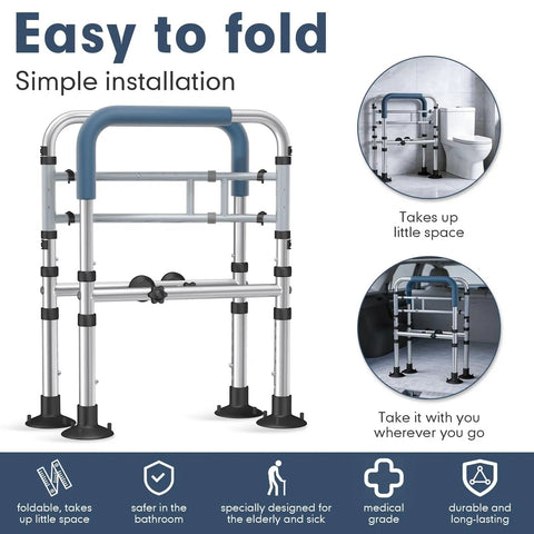 Heavy Duty Toilet Safety Rail With Reinforced Wheel Support Frame And Anti Slip Locking Feet Built Tough For Seniors To Sit And Stand Dead Steady At Home Supports Up To 350 Pounds Without A Single Wobble, foldable with blue handles.
