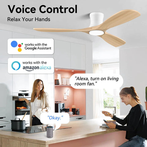 52 Inch Wood Flush Mount Ceiling Fan With Lights And Remote above modern kitchen, voice control feature for Alexa and WiFi app
