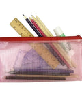 Slick Clear Plastic Zipper Document Bags Pack of Fifteen in Five Bright Shades With No Sweat Closure and Handy Wrist Loop for Receipts Checks Paperwork and All Your Gear filled with pens and a ruler.
